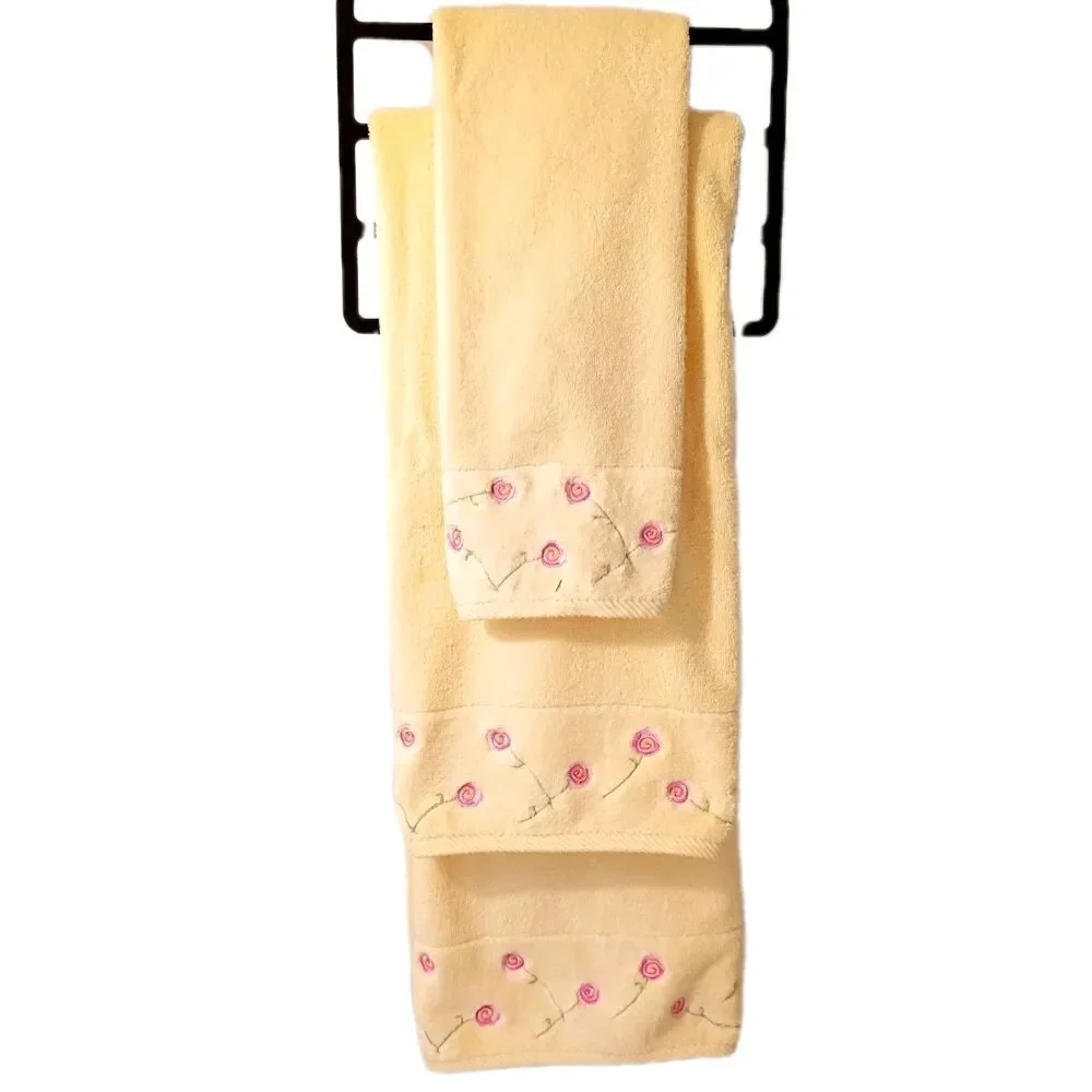 Vintage Turkish Cotton Towels Yellow Pink Embroidered Roses 2 Bath 1 Hand EUC